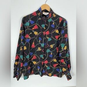 Vintage 90s Y2K Talbots 100% Silk Blouse Tassel Print Womens Size 12